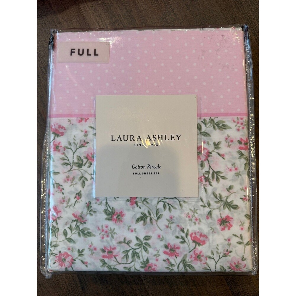 NEW Laura Ashley Full Sheet 4 Pc Set Floral Pink Rose 100% Cotton Percale